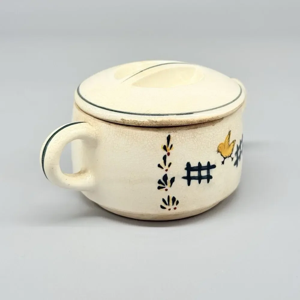 Vintage Stoneware Sugar Bowl With Lid & Handles Bird Design Cream Green Yellow